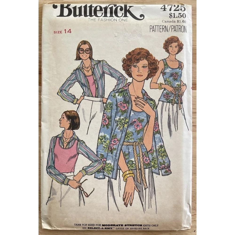 Butterick 4725 Vintage Sewing Pattern Uncut Size 14 Misses'‎ Shirt & Tank Top